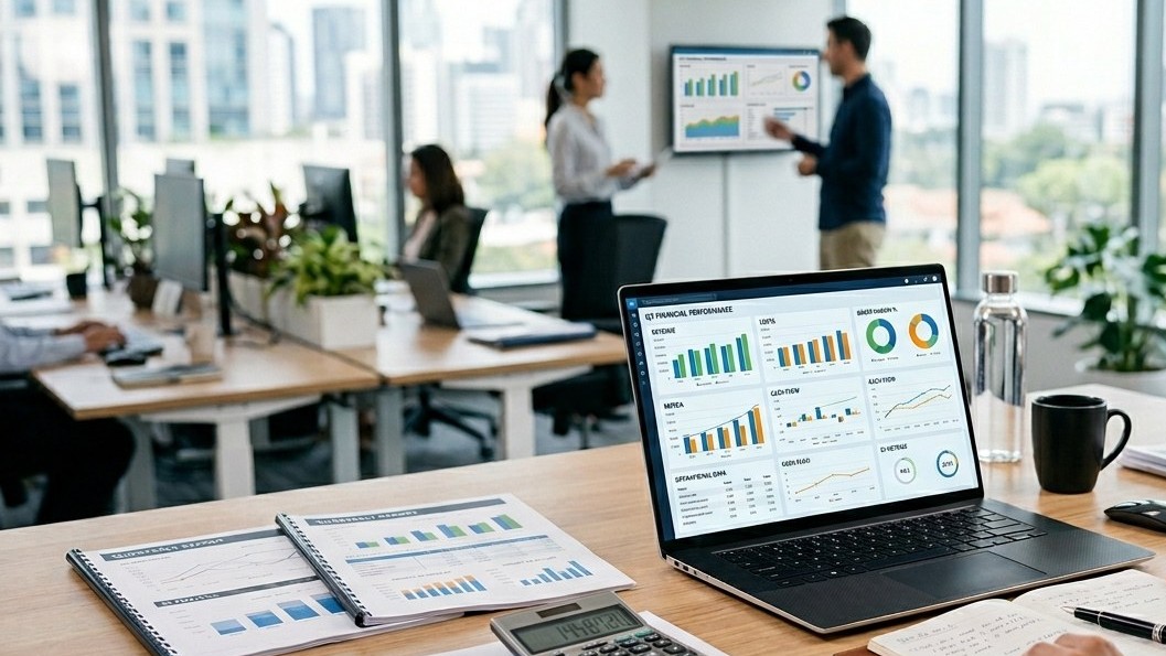 Laptop con gráficos financieros y documentos de análisis para reportería gerencial